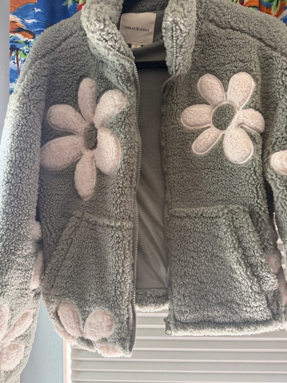 Thread & Supply olive grey  Sherpa Jacket with cream Daisy Patches size small